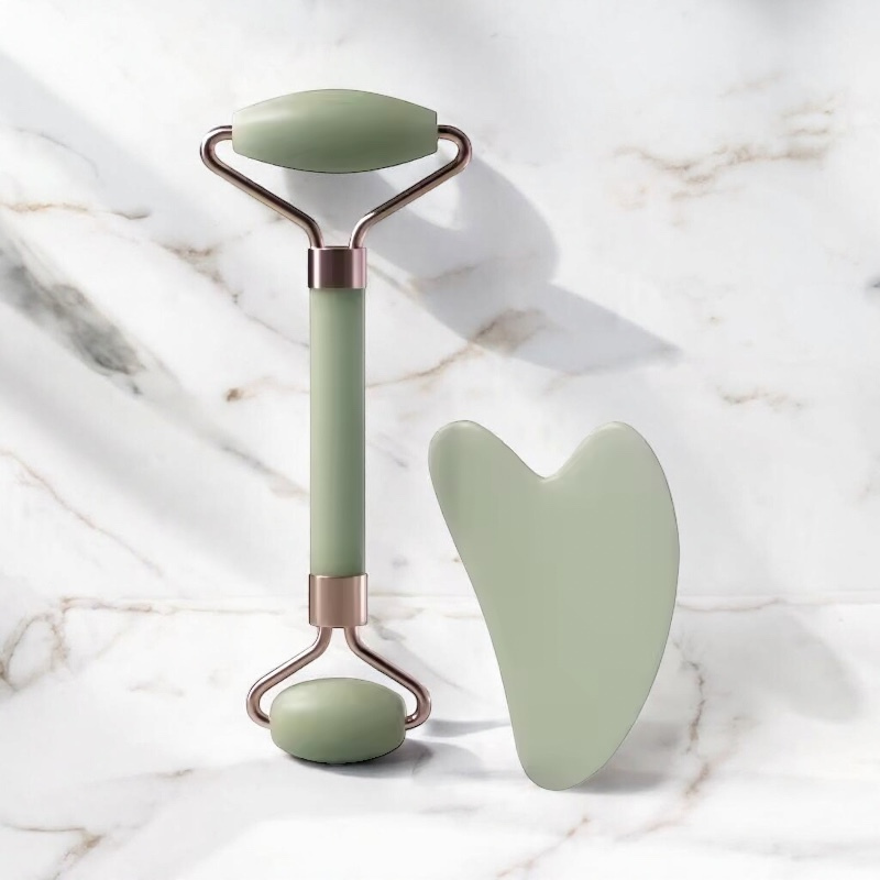 ReviaStone™ – Natural Gua Sha &amp; Facial Roller Set for Lifted, Glowing Skin